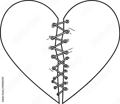 A simple line drawing illustration of a broken heart mended with laces, symbolizing recovery, healing, and overcoming emotional pain or relationship challenges.
