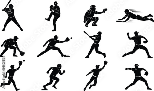 Collection of black silhouettes of people playing various sports on white background dynamic poses and actions