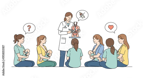 Doctor teaching mothers about breastfeeding techniques and baby care.