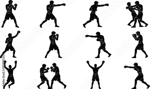 Boxers in various fighting and training poses black silhouettes on white background dynamic movements