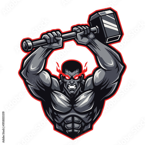 Powerful muscular warrior character wielding a mighty hammer with glowing red eyes, ready for an epic battle or fierce competition, strong and aggressive mascot design
