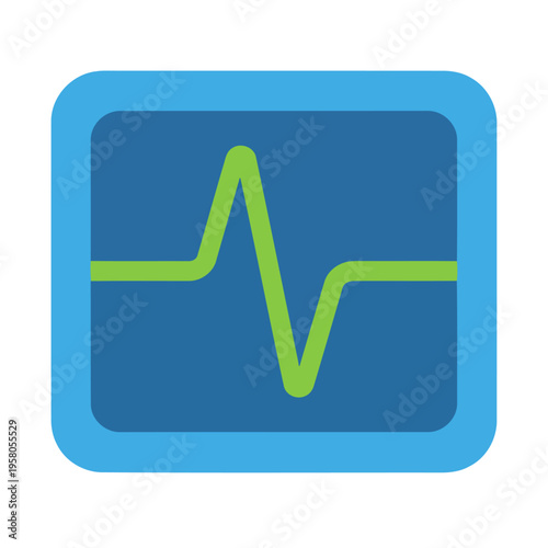 Digital medical display icon featuring a vibrant green fluctuating line graph within a blue square, representing vital signs, heartbeat, or dynamic data monitoring and analysis