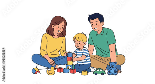 Vector illustration of a family with a child playing with toys