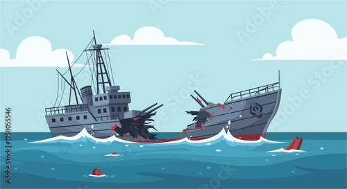 A cartoon illustration of a large grey ship broken in two pieces and sinking in the blue ocean under a cloudy sky.