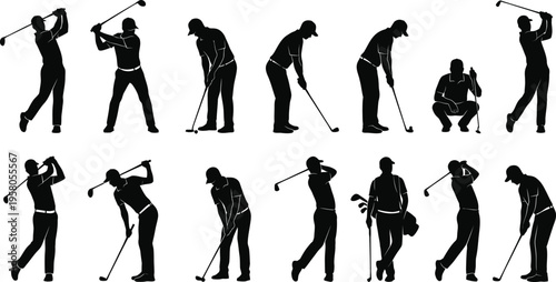 Golfers in various poses and swings black silhouettes on white background golfing actions and movements