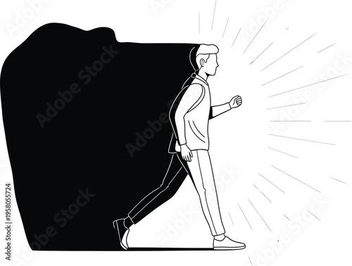 Illustrative depiction of a person moving from a dark, challenging situation towards a bright, promising future with hope.