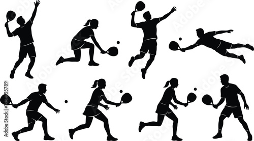 Black silhouettes of people playing pickleball in various dynamic poses on white background