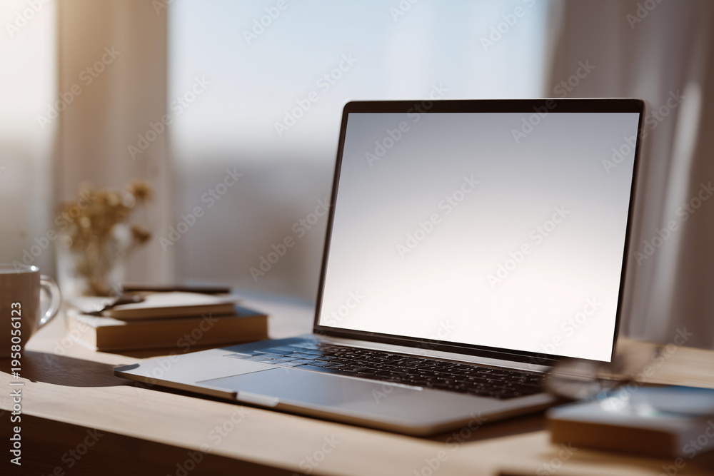 Fototapeta premium A laptop on a desk, a minimalistic workspace