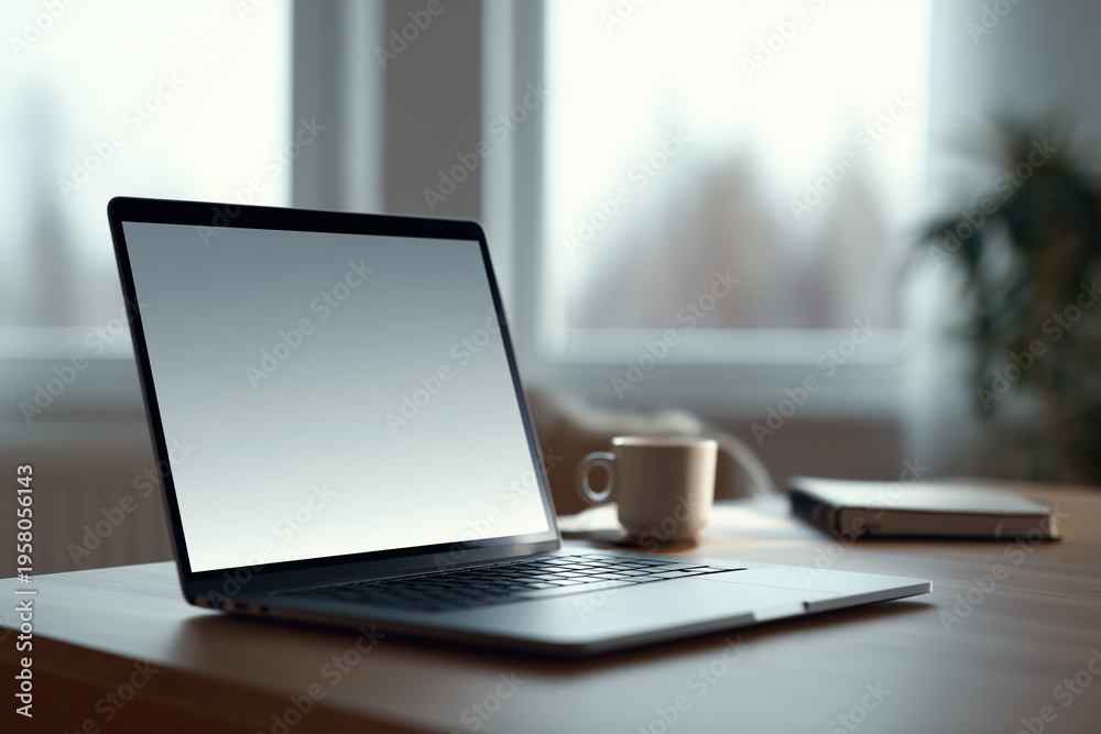 Fototapeta premium Laptop on a wooden desk with a coffee mug, and book in a home office setting. The screen is blank, offering copy space.