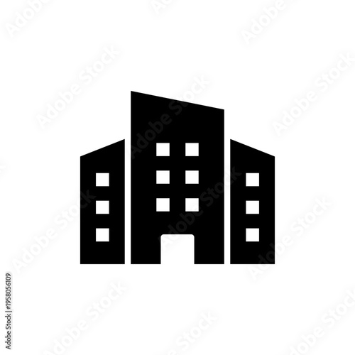 A minimalist black icon depicting a tall commercial office building with multiple window segments