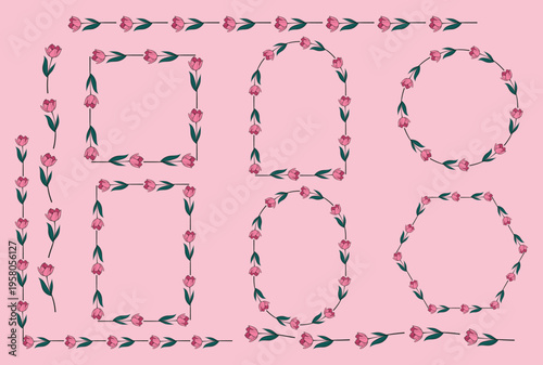 Hand Drawn Pink Tulip Floral Frames and Borders Set - Spring Botanical Wreaths for Wedding Invitations, Mothers Day, and Greeting Cards