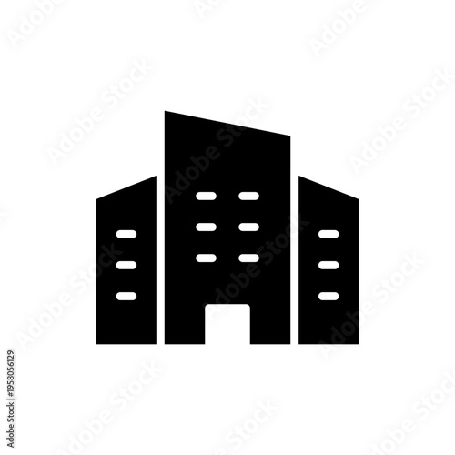 A minimalist black silhouette icon representing a modern corporate office building architecture