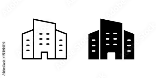A set of two modern office building icons featuring a linear outline and a solid black silhouette