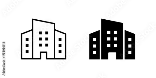 Two modern building icons shown in both outlined and solid black graphic design style variations