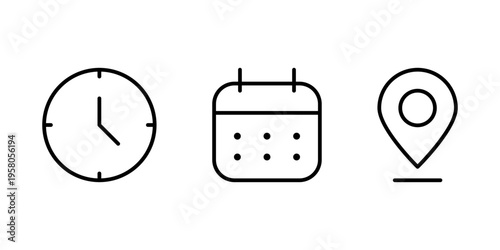 Minimalist line art icons representing a clock for time a calendar for date and a map location