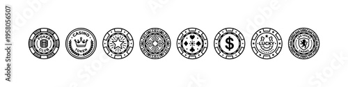 Minimal casino chip icons: crown, star, spade, dice, and stack. Perfect for gambling, betting, and casino visuals.