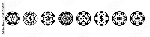 Minimal casino chip icons: crown, star, spade, dice, and stack. Perfect for gambling, betting, and casino visuals.