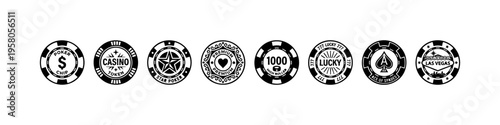 Minimal casino chip icons: crown, star, spade, dice, and stack. Perfect for gambling, betting, and casino visuals.