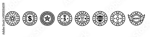 Minimal casino chip icons: crown, star, spade, dice, and stack. Perfect for gambling, betting, and casino visuals.