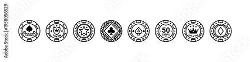 Minimal casino chip icons: crown, star, spade, dice, and stack. Perfect for gambling, betting, and casino visuals.