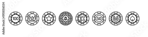 Minimal casino chip icons: crown, star, spade, dice, and stack. Perfect for gambling, betting, and casino visuals.