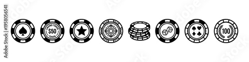 Minimal casino chip icons: crown, star, spade, dice, and stack. Perfect for gambling, betting, and casino visuals.