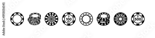 Minimal poker chip icons Casino, patterns, and stacks. Perfect for gambling, betting, and casino visuals.