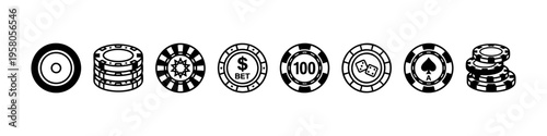 Minimal poker chip icons Casino, patterns, and stacks. Perfect for gambling, betting, and casino visuals.