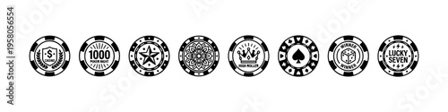 Minimal casino chip icons: crown, star, spade, dice, and stack. Perfect for gambling, betting, and casino visuals.