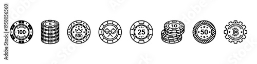 Minimal poker chip icons Casino, patterns, and stacks. Perfect for gambling, betting, and casino visuals.