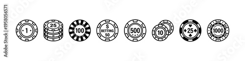 Minimal poker chip icons Casino, patterns, and stacks. Perfect for gambling, betting, and casino visuals.