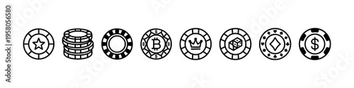 Minimal poker chip icons Casino, patterns, and stacks. Perfect for gambling, betting, and casino visuals.