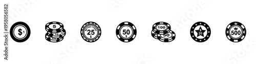 Minimal poker chip icons Casino, patterns, and stacks. Perfect for gambling, betting, and casino visuals.