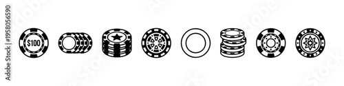 Minimal poker chip icons Casino, patterns, and stacks. Perfect for gambling, betting, and casino visuals.