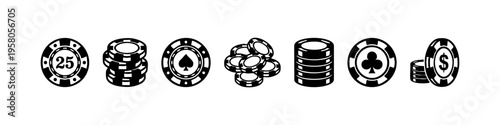 Minimal casino icons: poker chips, cards, crown, dollar, and dealer. Perfect for gambling, betting, and casino visuals.