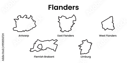 Flanders Belgium Regions Outline Map Administrative Vector Set