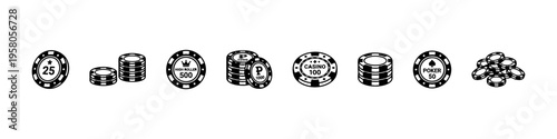 Minimal casino icons: poker chips, cards, crown, dollar, and dealer. Perfect for gambling, betting, and casino visuals.