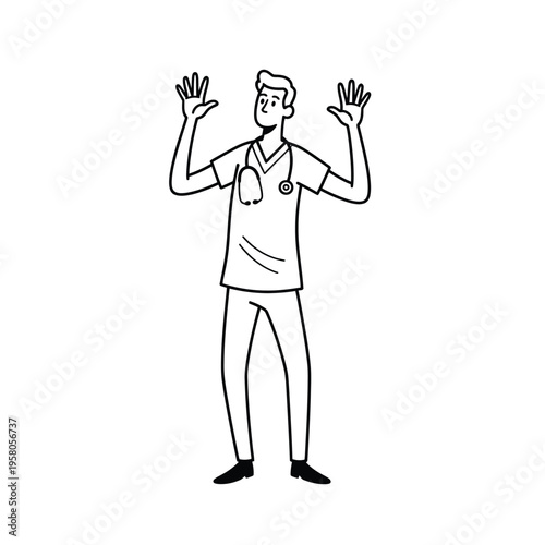 Doctor with stethoscope and raised hands in cartoon style.