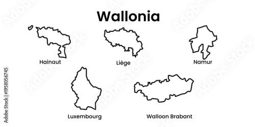 Wallonia Belgium Regions Outline Map Administrative Vector Set