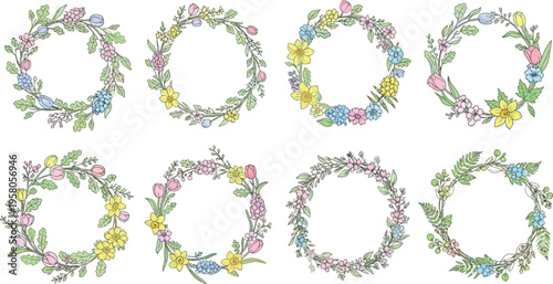 Collection of eight hand drawn delicate spring floral wreaths featuring pastel colored blossoms and lush green foliage elements