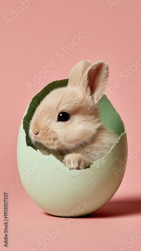 Cute baby rabbit sits in broken green egg on pink background