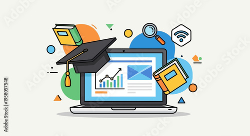 Vector illustration of education icons with laptop and graduation cap