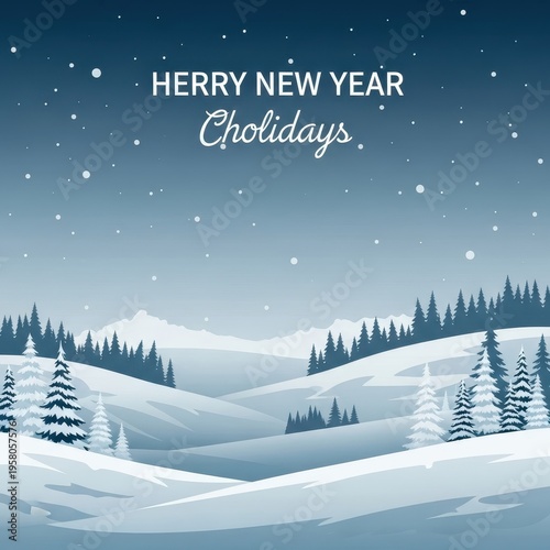 Winter wonderland landscape with snowy hills and holiday greetings.