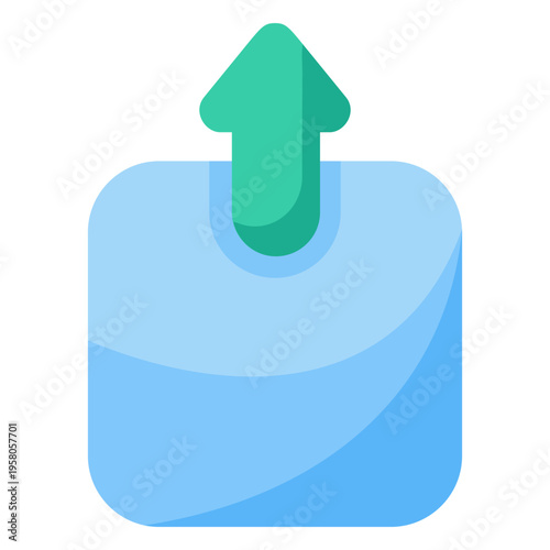 Stylized graphic illustrating the action of uploading or sharing digital content, featuring a vibrant green arrow emerging from a light blue container