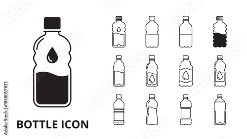 Bottles set icons with different designs showing water drops and liquid levels, perfect for digital or print use.