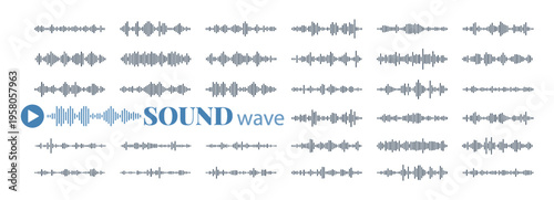 Sound frequency icons set. Audio amplitude bars with different wave patterns. Black waveforms for music equalizer, podcast interface, voice recorder display. Media player UI, app element. Vector.