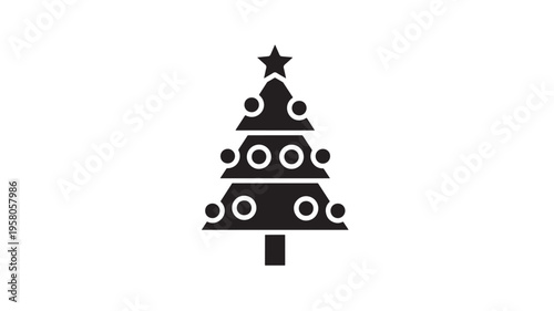 Christmas tree silhouette with star and ornaments, a festive holiday symbol rendered in a simple black and white graphic style.