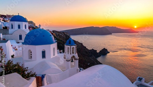 Picturesque coastal view of Santorini, Greece at sunset, whitewashed cliffside buildings with blue domes overlooking Aegean Sea, warm orange and pink sky reflecting on water, rugged cliffs in backgrou