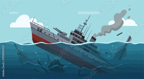 A cartoon illustration of a grey warship sinking into the deep blue ocean with smoke billowing from its funnel and debris floating around.