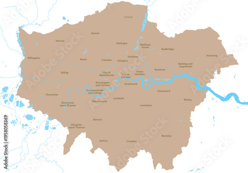 London map city districts and River Thames simple vector illustration